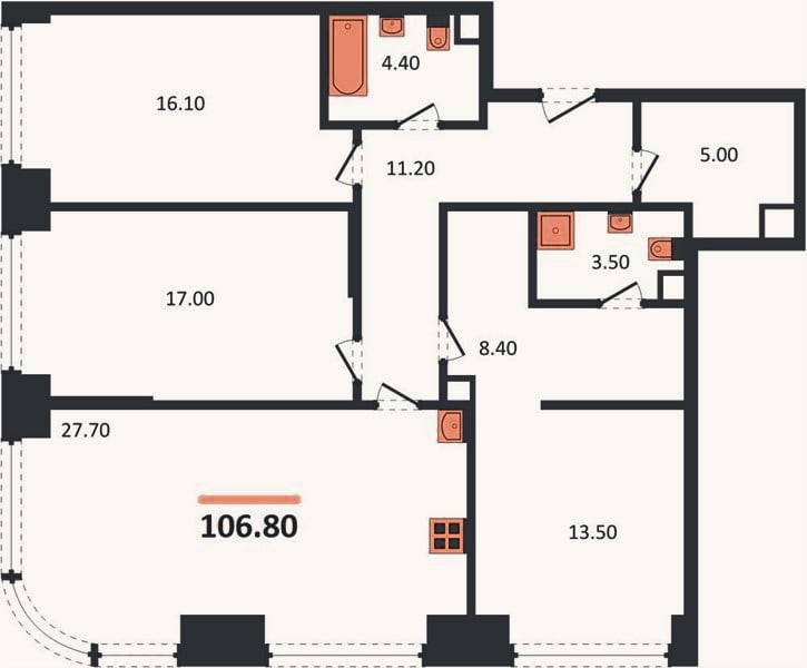 Планировка: 3-к, 106,8 м²