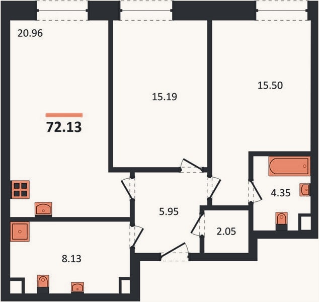 Планировка: 2-к, 72,1 м²