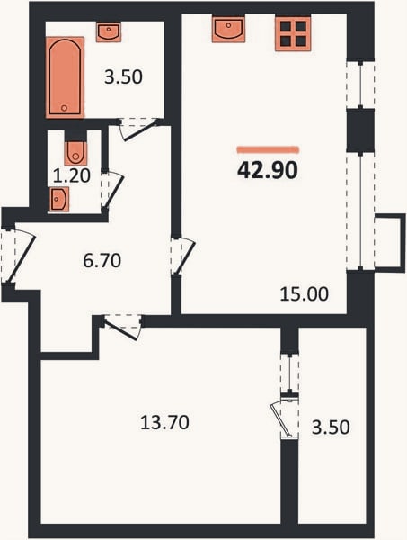 Планировка: 1-к, 42,9 м²