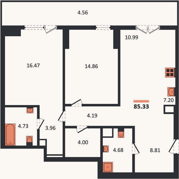 Планировка: 2-к, 85,3 м²