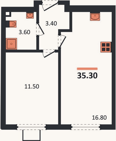 Планировка: 1-к, 35,3 м²
