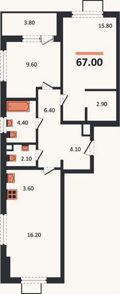 Планировка: 2-к, 67 м²