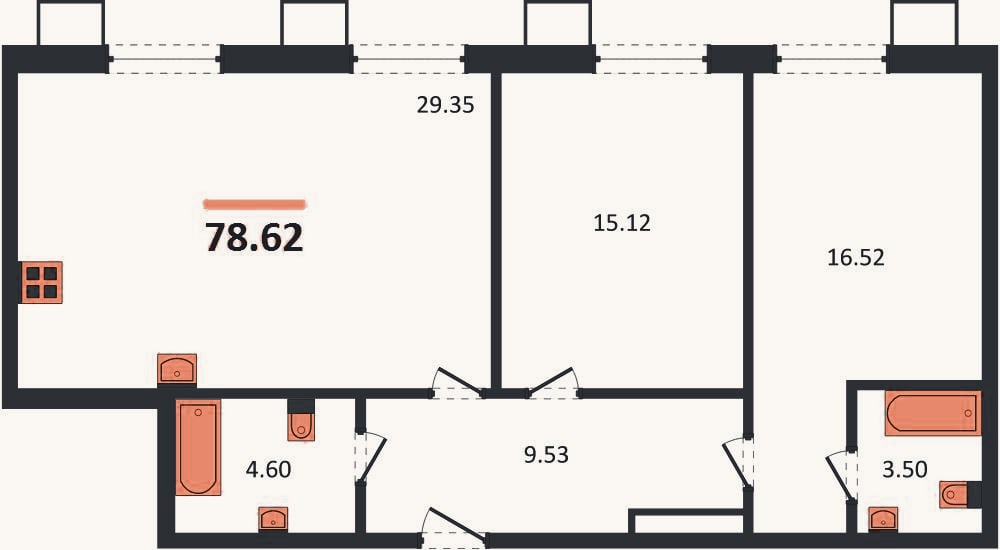 Планировка: 2-к, 78,6 м²