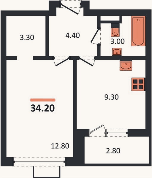 Планировка: 1-к, 34,2 м²