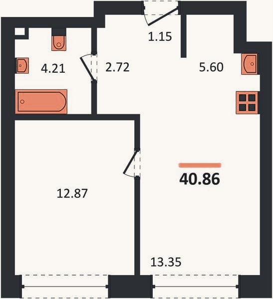 Планировка: 1-к, 40,9 м²