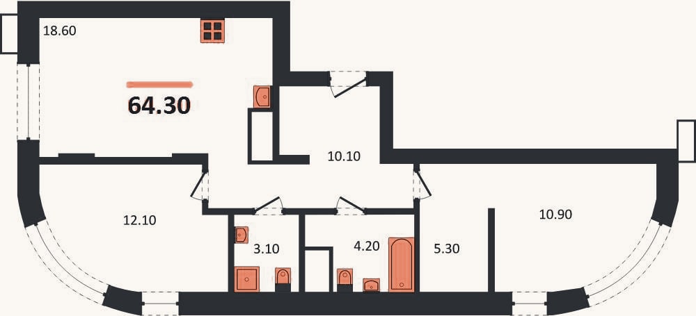 Планировка: 2-к, 64,3 м²
