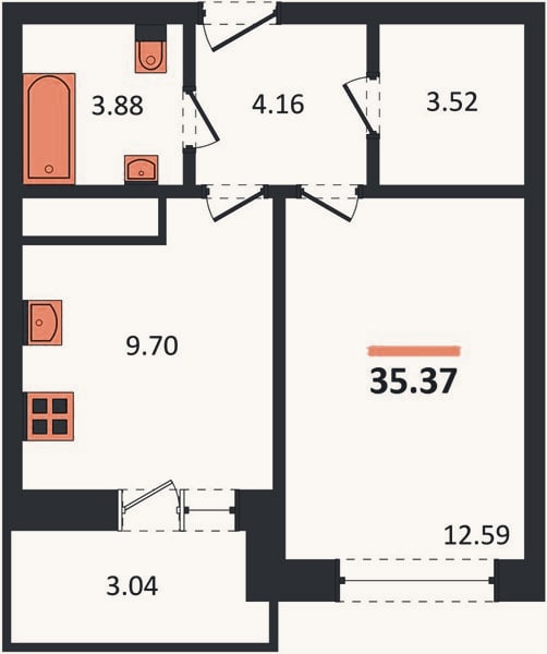Планировка: 1-к, 35,4 м²