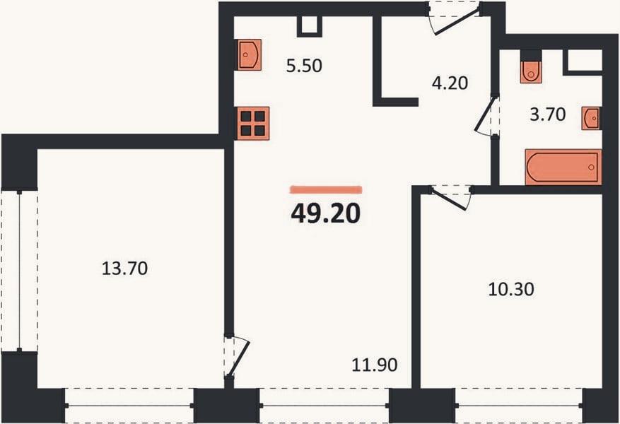 Планировка: 2-к, 49,2 м²