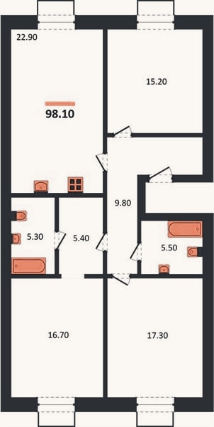 Планировка: 3-к, 98,1 м²