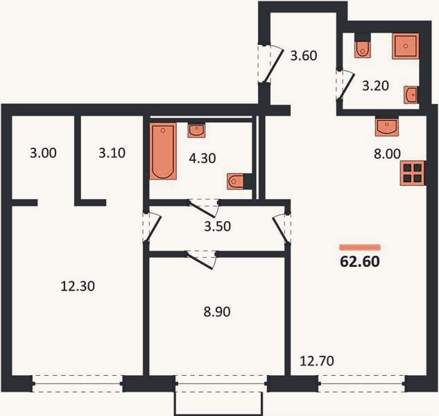Планировка: 2-к, 62,6 м²