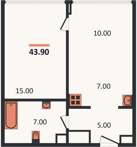 Планировка: 1-к, 43,9 м²