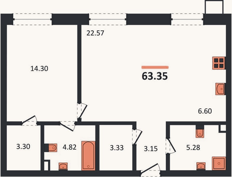 Планировка: 1-к, 63,4 м²
