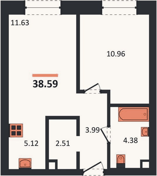 Планировка: 1-к, 38,6 м²