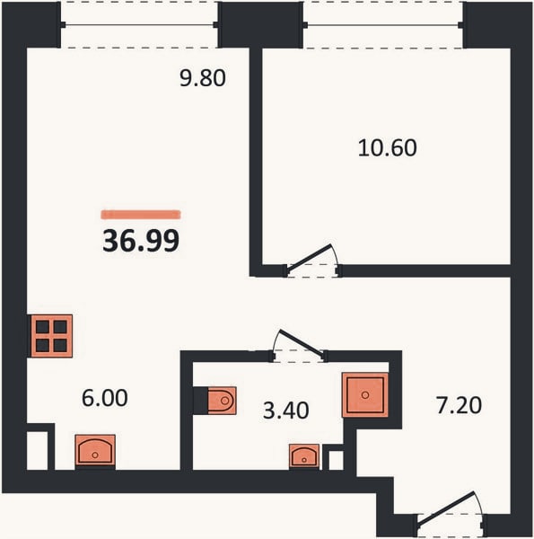 Планировка: 1-к, 37 м²