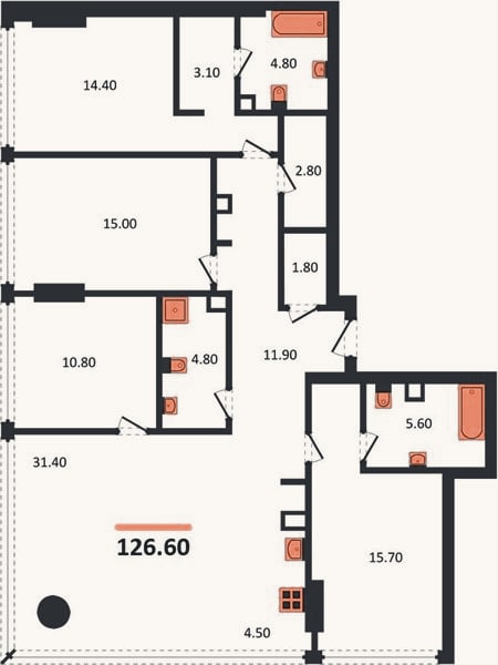 Планировка: 4+ к, 126,6 м²