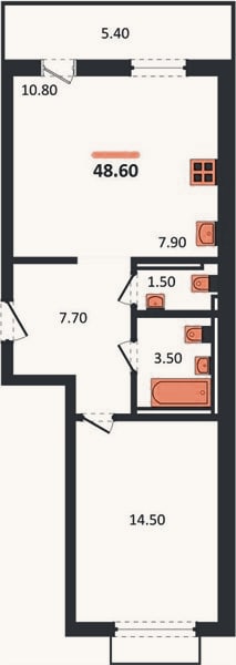 Планировка: 1-к, 48,6 м²