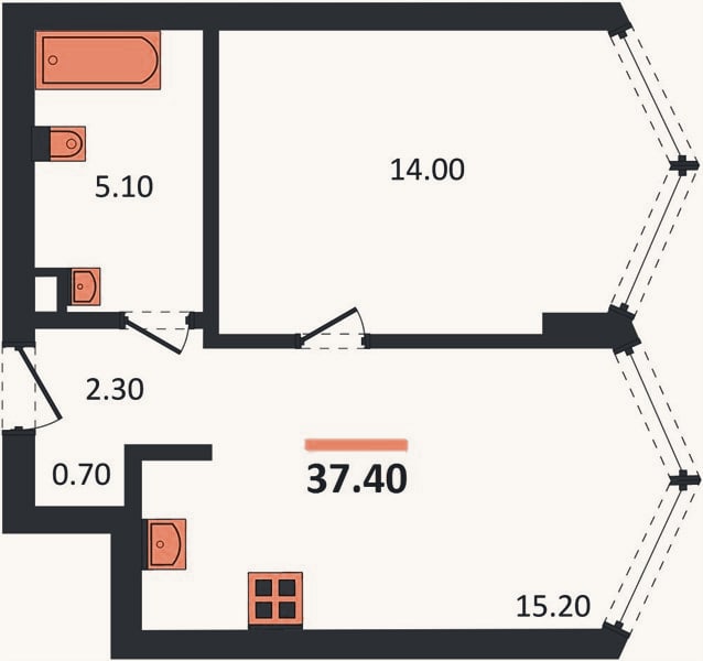 Планировка: 1-к, 37,4 м²