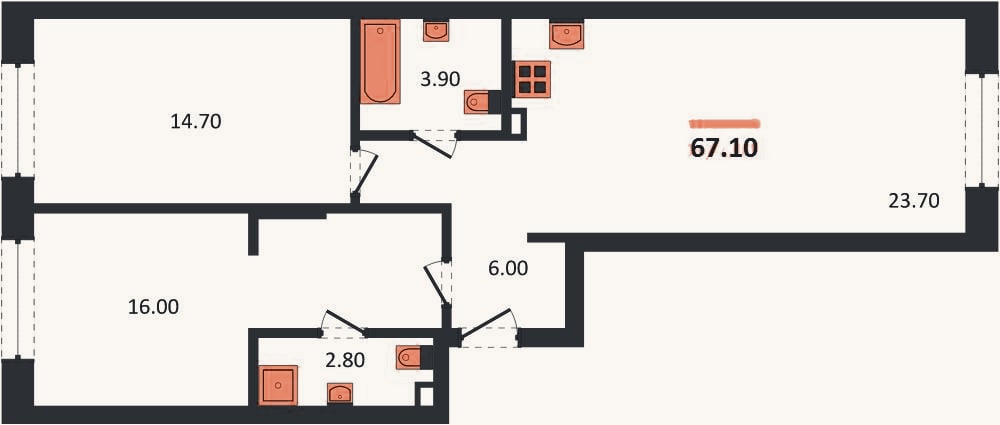 Планировка: 2-к, 67,1 м²