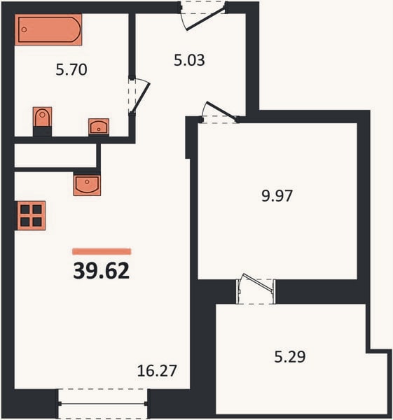 Планировка: 1-к, 39,6 м²