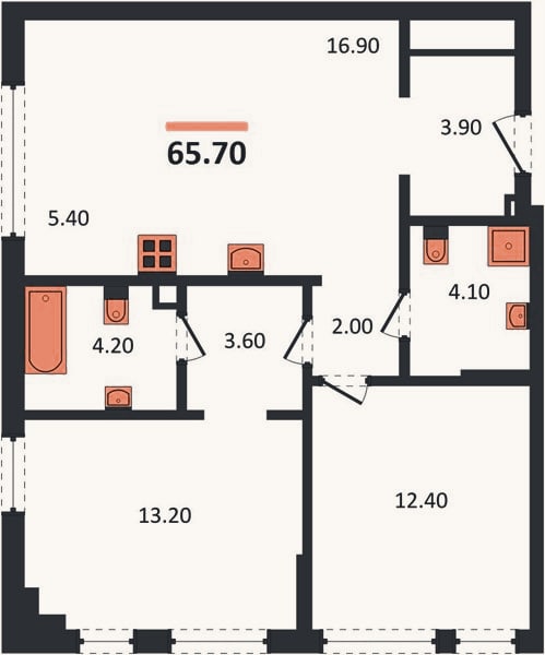 Планировка: 2-к, 65,7 м²