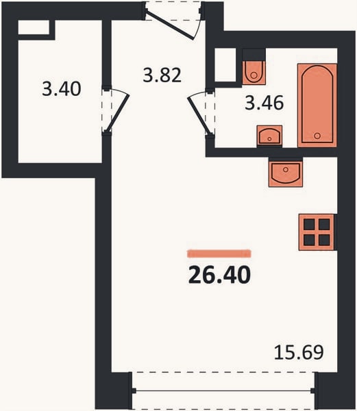 Планировка: Студия, 26,4 м²