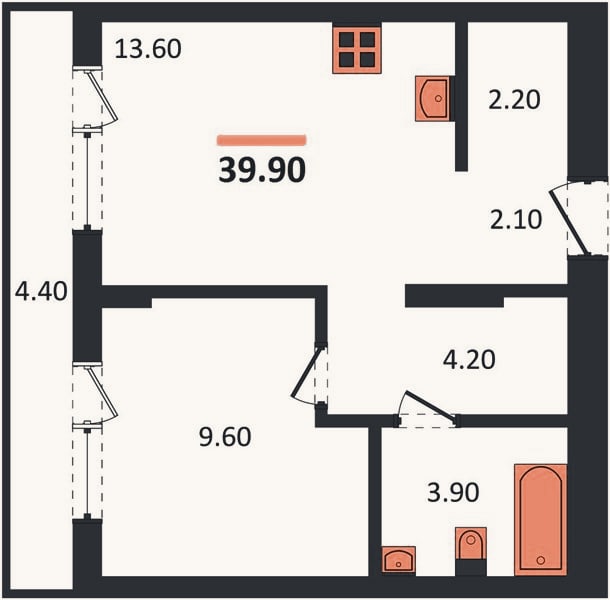 Планировка: 1-к, 39,9 м²