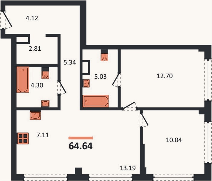 Планировка: 2-к, 64,6 м²