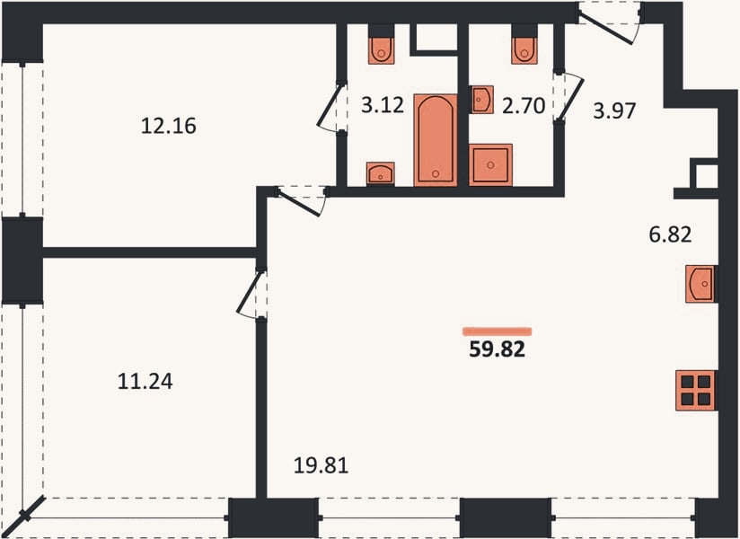 Планировка: 2-к, 59,8 м²