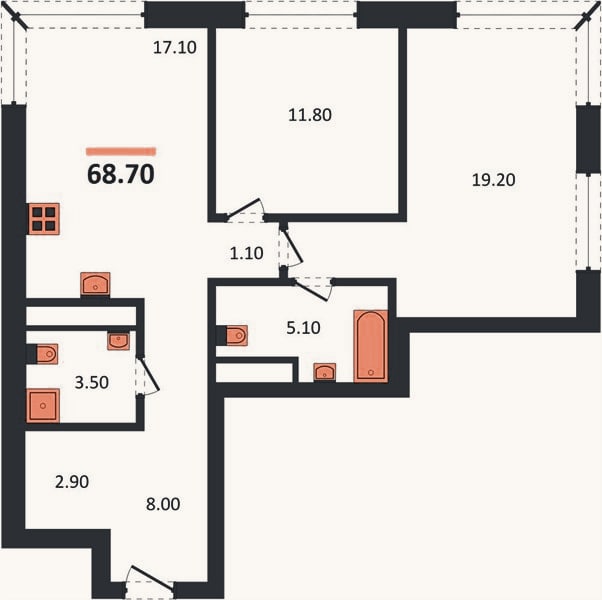 Планировка: 2-к, 68,7 м²