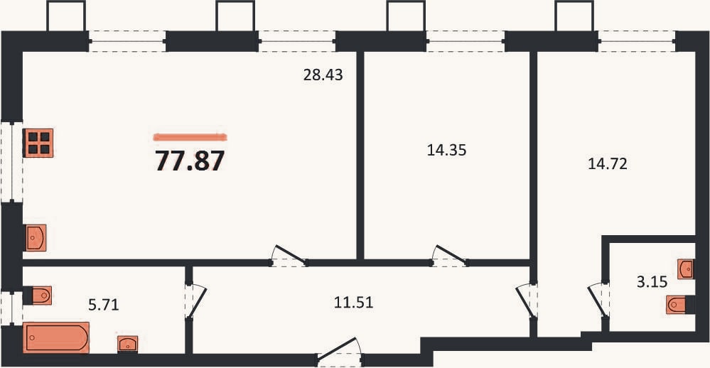 Планировка: 2-к, 77,9 м²