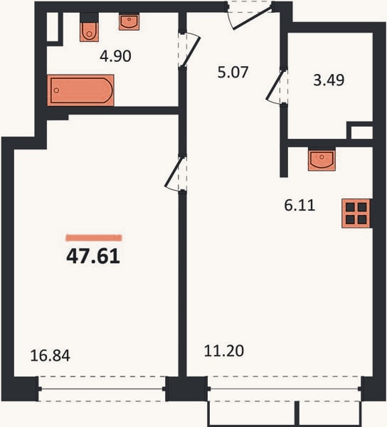 Планировка: 1-к, 47,6 м²