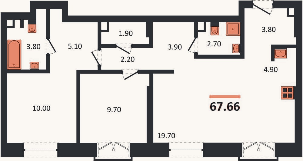 Планировка: 2-к, 67,4 м²