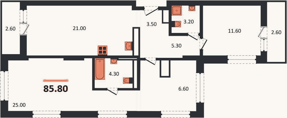 Планировка: 2-к, 85,8 м²