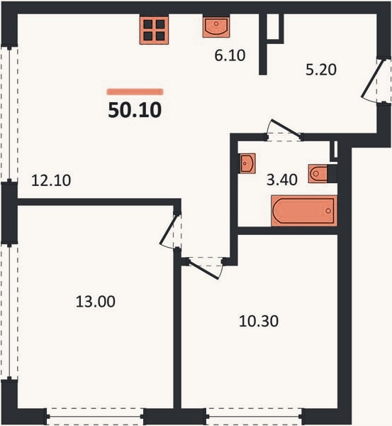 Планировка: 2-к, 50,1 м²