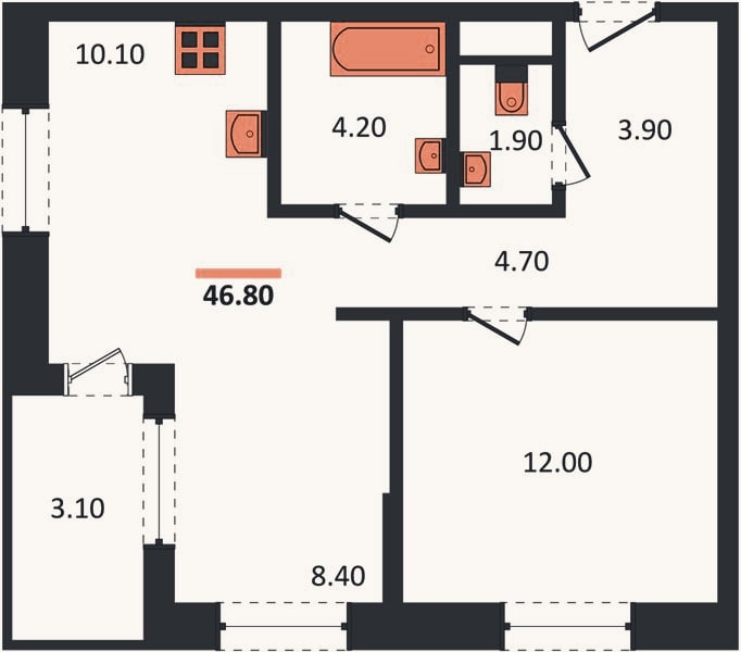Планировка: 1-к, 46,8 м²