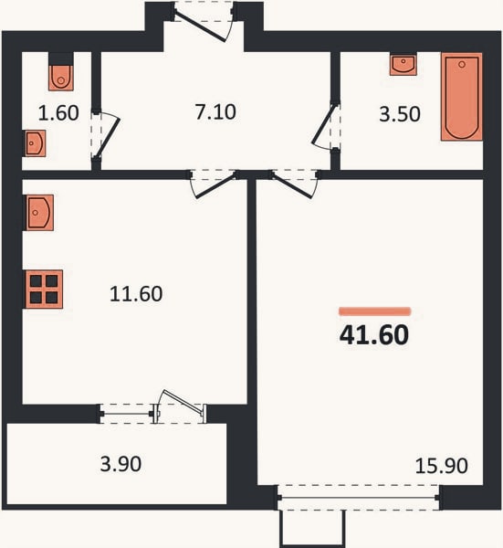 Планировка: 1-к, 41,6 м²