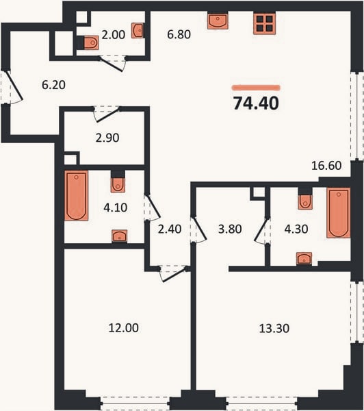 Планировка: 2-к, 74,4 м²