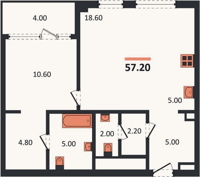 Планировка: 1-к, 57,2 м²