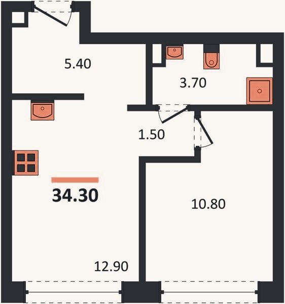 Планировка: 1-к, 34,7 м²
