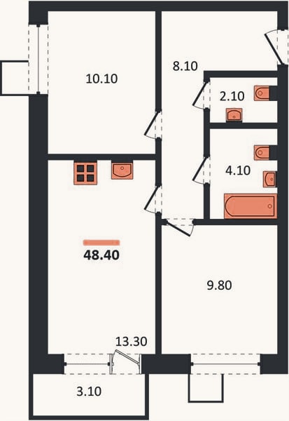 Планировка: 2-к, 48,4 м²