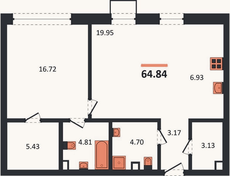 Планировка: 1-к, 64,8 м²