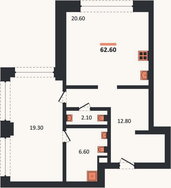 Планировка: 1-к, 62,6 м²