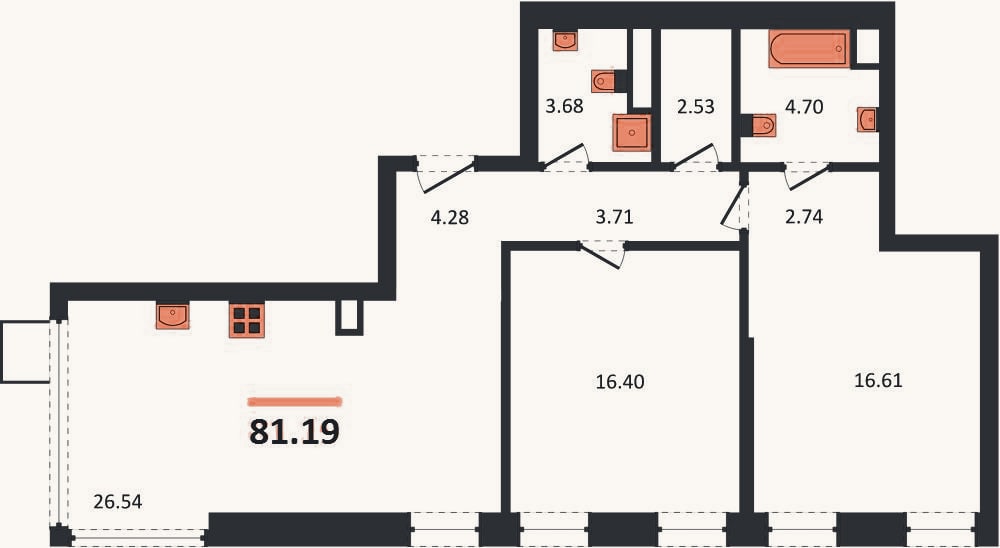 Планировка: 2-к, 81,2 м²