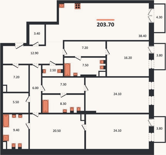 Планировка: 3-к, 204 м²