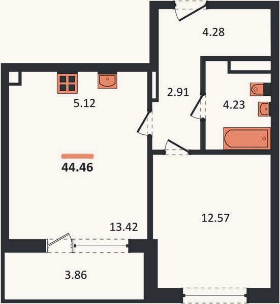 Планировка: 1-к, 44,5 м²