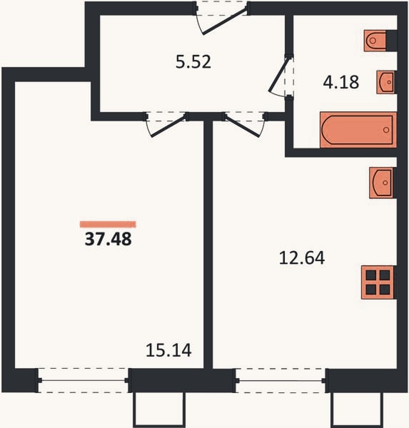 Планировка: 1-к, 37,5 м²