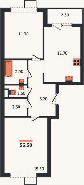 Планировка: 2-к, 56,5 м²