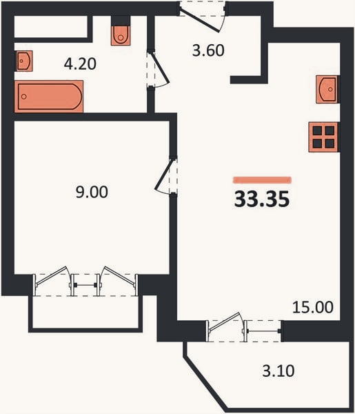 Планировка: 1-к, 33,4 м²