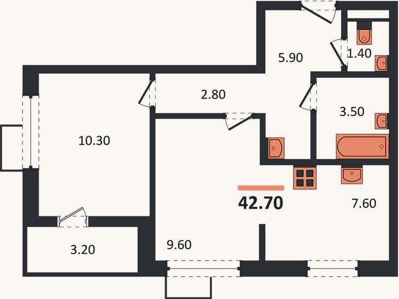 Планировка: 1-к, 42,7 м²