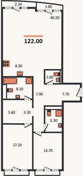 Планировка: 2-к, 122 м²